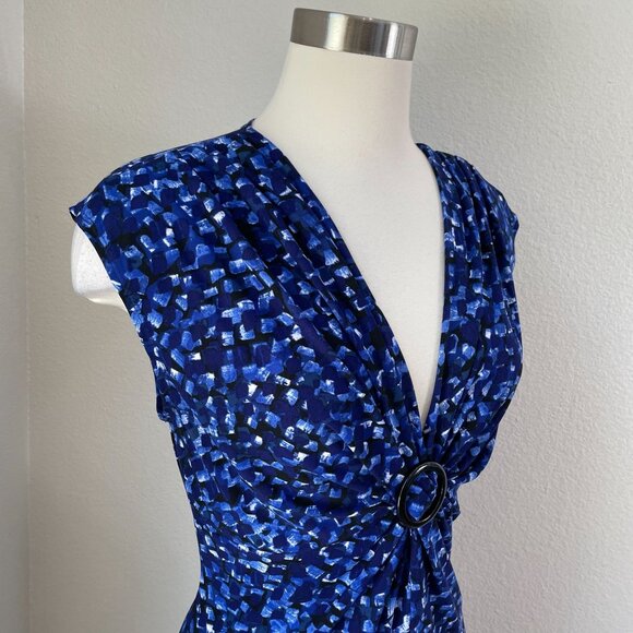 Chaps Womens Large Blue Printed Sleeveless Dress V Neck Stretch - Picture 2 of 9